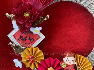 Vòng treo cửa Tết vải bố quạt xếp Mèo Thần Tài [2 Kiểu] ĐK 35cm VTC-T-48